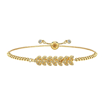 Brass Micro Pave Cubic Zirconia Bracelets for Women, Box Chain Slider Bracelet, Golden, Leaf, 7-7/8 inch(20cm)