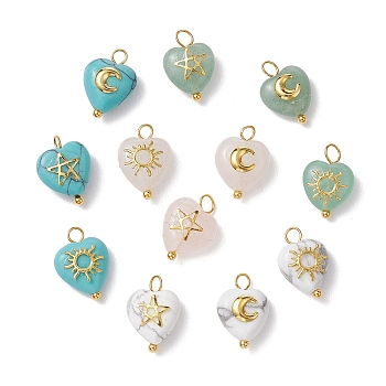 Mixed Stone Heart Charms with Golden Tone Metal Sun Moon Star Slices, 14x11x6mm, Hole: 2mm, 3pcs/set