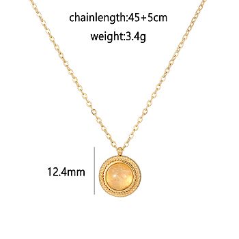 Natural Citrine Flat Round Pendant Necklacas, Golden Tone Stainless Steel Cable Chain Pendant Necklaces for Women, 17.72 inch(45cm)