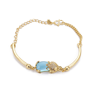 Golden Tone Brass Link Bracelets, with Glass and Cubic Zirconia, Pi Xiu, Sky Blue, 7-5/8 inch(19.5cm), 2.5~3mm