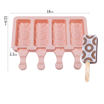 Silicone Ice-cream Stick Molds, with 4 Styles Rectangle with Donut Pattern-shaped Cavities, Reusable Ice Pop Molds Maker, Pink, 129x180x23mm, Capacity: 49ml(1.66fl. oz)