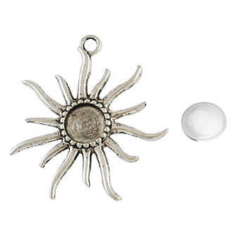 Pendant Making Sets, with Tibetan Alloy Flower Pendant Cabochon Bezel Settings and Glass Cabochons, Cadmium Free & Nickel Free & Lead Free, Antique Silver, 50x47x3mm, Hole: 4mm, Flat Round Tray: 12mm, 11.5~12x4mm