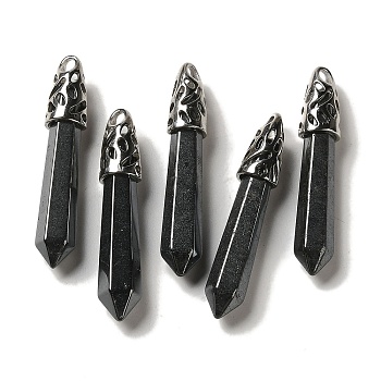 Natural Black Stone Pointed Big Pendants, Faceted Bullet Charms with Rack Plating Platinum Plated Brass Findings, 56~65x11~11.5x10~10.5mm, Hole: 4X3mm