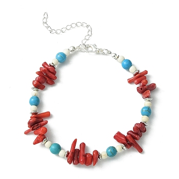 Synthetic Coral & Turquoise & Magnesite Chips Beaded Bracelets for Women, Colorful, 10 inch(25.4cm)