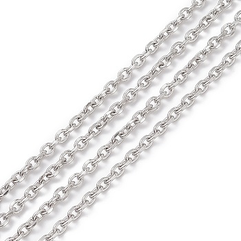 304 Stainless Steel Cable Chains, Diamond Cut Chains, Unwelded, Faceted, Oval, Stainless Steel Color, 3mm, Links: 3.8x3x0.8mm