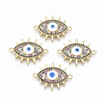 Brass Micro Pave Cubic Zirconia Links connectors, Evil Eye, Colorful, Golden, 18.5x25x3.5mm, Hole: 1.5mm