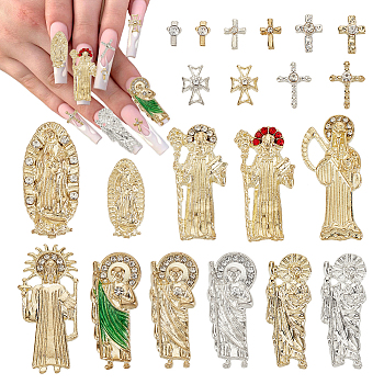 42Pcs 21 Style Alloy Cabochons, with Glass Rhinestone, Nail Art Decoration Accessories, Mixed Shapes, Religion, Mixed Color, 6~27x3.5~13x2~3mm, 2pcs/style