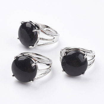 Adjustable Natural Black Agate Finger Rings, with Brass Findings, US Size 7 1/4(17.5mm)