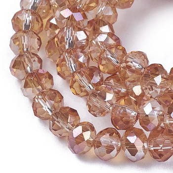 Electroplate Glass Beads Strands, Imitation Jade Glass, Half Rainbow Plated, Faceted, Rondelle, Sandy Brown, 6x4~4.5mm, Hole: 1mm, about 88~92pcs/strand, 15.5 inch~16 inch(39~45cm)