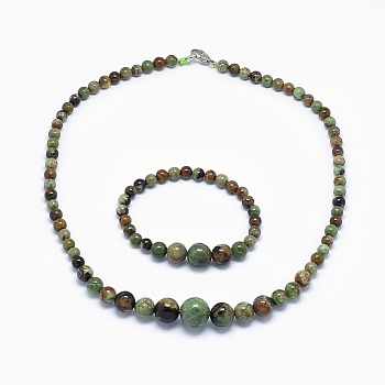Natural Green Opal Graduated Beads Necklaces and Bracelets Jewelry Sets, with Brass Lobster Claw Clasps, 17.5 inch(44.5cm), 2 inch(5cm)