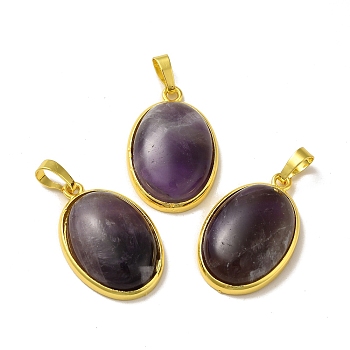 Natural Amethyst Pendants, Oval Charms, with Rack Plating Golden Plated Brass Findings, Lead Free & Cadmium Free, 31x20x7.5~8mm, Hole: 7x5mm