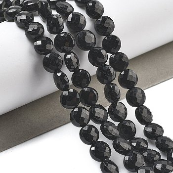 Natural Black Tourmaline Beads Strands, Faceted Coin Beads, Flat Round, 6~7.5x4~5.5mm, Hole: 0.8~1mm, about 56~70pcs/strand, 15.31~16.10 inch(38.9~40.9cm)