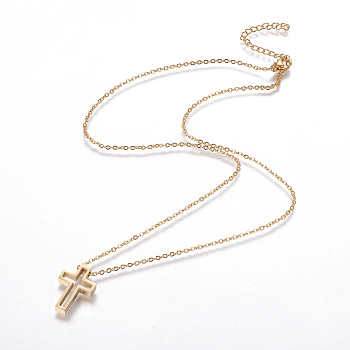 304 Stainless Steel Pendant Necklaces, with Lobster Claw Clasps and Cable Chains, Cross, Golden, 18.1 inch(46cm), 0.15cm