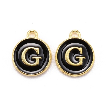 Golden Plated Alloy Charms, Cadmium Free & Lead Free, with Enamel, Enamelled Sequins, Flat Round with Letter, Black, Letter.G, 14x12x2mm, Hole: 1.5mm