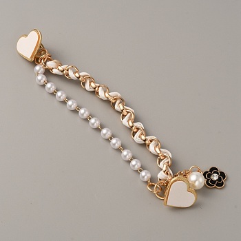 Pearl Plastic Beads Link Chain Phone Case Double Chain Strap, with Heart Clasps, Anti-Slip Phone Finger Strap, Phone Grip Holder for DIY Phone Case Decoration, Golden, 5-5/8x3/8 inch(14.4x0.9cm)