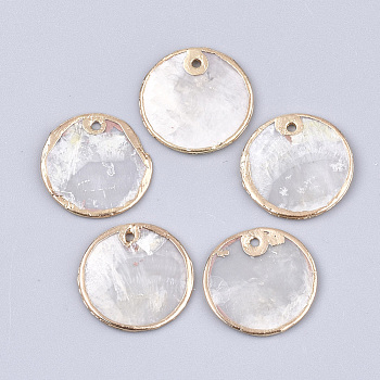 Natural Capiz Shell Pendants, Brass Edge Plated, Flat Round, Light Gold, 18x1mm, Hole: 1.2mm
