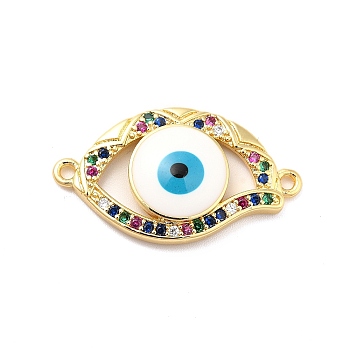 Brass Micro Pave Colorful Cubic Zirconia Connector Charms, Evil Eye Link, with Enamel, Long-Lasting Plated, Cadmium Free & Nickel Free & Lead Free, Real 18K Gold Plated, 16x29x4.5mm, Hole: 1.5mm