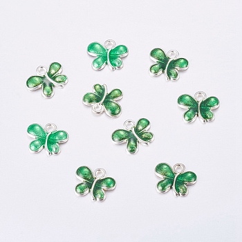 Alloy Enamel Charms, Cadmium Free & Lead Free, Butterfly, Silver Color Plated, Green, 13.5x11x2.5mm, Hole: 1.5mm