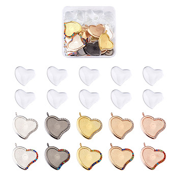 Alloy Pendant Cabochon Settings, DIY Pendant Making Kits, with Mixed Color Rhinestone, with Transparent Glass Cabochons, Mixed Color, Cadmium Free & Lead Free, Heart, Mixed Color, 40pcs/box