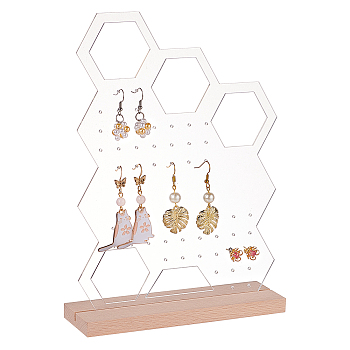 Transparent Acrylic Vertical Earring Display Stands with Wooden Base, Desktop Jewelry Organizer Holder for Earring Storage, Hive Pattern, Finish Product: 15x2x21.5cm