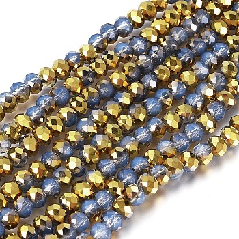 Electroplate Glass Beads Strands, Imitation Jade, Half Golden Plated, Faceted, Rondelle, Light Sky Blue, 4x3mm, Hole: 0.4mm, about 123~127pcs/strand, 16.5~16.9 inch(42~43cm)