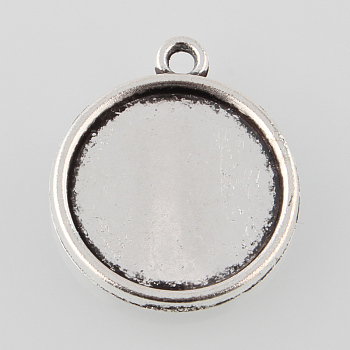 Tibetan Style Antique Silver Alloy Flat Round Pendant Cabochon Settings, Cadmium Free & Lead Free, Double-sided Tray, Plain Edge Bezel Cups, Tray: 16mm, 22x19x3mm, Hole: 1mm