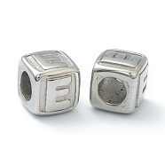 304 Stainless Steel European Beads, Large Hole Beads, Horizontal Hole, Cube with Letter, Stainless Steel Color, Letter.E, 8x8x8mm, Hole: 4mm(STAS-H145-01E-P)