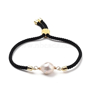 Adjustable Nylon Twisted Cord Slider Bracelets, Link Bracelets, with Natural Baroque Pearl Keshi Pearl Beads and Tree of Life Brass Beads, Black, Inner Diameter: 2-1/2 inch(6.5cm)(BJEW-JB05323-02)