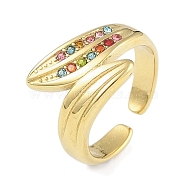 Leaf 304 Stainless Steel Rhinestone Cuff Ring for Women, Real 18K Gold Plated, Colorful, 12.5mm, Adjustable(RJEW-C099-03G-02)