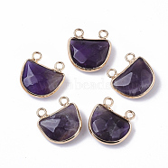 Natural Amethyst Semi Circle Pendants, with Golden Tone Brass Open Back Bezel, Faceted, Half Round, 18x17.5x6.5mm, Hole: 2mm(G-S359-011A)