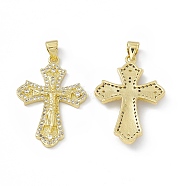 Rack Plating Eco-friendly Brass Charms, Micro Pave Clear Cubic Zirconia, Long-Lasting Plated, Lead Free & Cadmium Free, Religion Crucifix Cross Charm, Real 18K Gold Plated, 20x21x4mm, Hole: 4x3mm(KK-B065-10G)