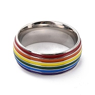 Rainbow Pride Finger Ring, Stripe Grooved Flat Titanium Steel Finger Ring for Women, Stainless Steel Color, US Size 7(17.3mm)(RJEW-M140-01P)