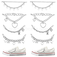 WADORN 4 Style Alloy Shoe Chain Straps, with Lobster Claw Clasp & Heart Charms, for High Top Canvas Sneaker, Platinum, 123~191x3.5~10mm(DIY-WR0002-28)