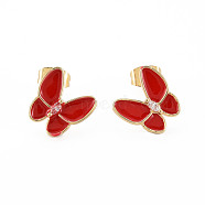 Brass Micro Pave Clear Cubic Zirconia Stud Earrings, with Enamel and Ear Nuts, Cadmium Free & Nickel Free & Lead Free, Butterfly, Real 16K Gold Plated, Red, 11x11.5mm, Pin: 0.8mm(EJEW-S210-015B-NR)