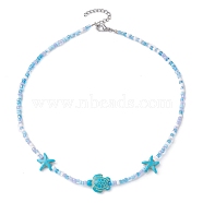 Synthetic Turquoise Starfish & Turtle & Seed Beaded Necklace for Women, Deep Sky Blue, 15.75 inch(40cm)(NJEW-JN04482-01)