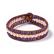 Natural Amethyst Beaded Cord Bracelets, with Freshwater Pearl, Leather Cord and Alloy Clasps, 8-5/8 inch(22cm), 20mm(BJEW-K214-A02)
