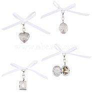 3Pcs 3 Style 316 Stainless Steel Locket Pendant Decorations, with Acrylic Imitated Pearl Beads and Satin Ribbon, Heart/Oval/Rectangle, Stainless Steel Color, 60~70mm, 1pc/style(HJEW-AB00211)
