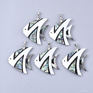 Shell Pendants, with Brass Findings, Tropical Fish, Platinum, Seashell Color, 48~49x43~45x3.5~4mm, Hole: 6x4mm(SHEL-S275-64)