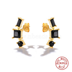 S925 Sterling Silver Geometric Stud Earrings, with Cubic Zirconia, Golden, Black, 15x4mm(WD8941-3)