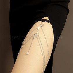 Tassel Alloy Thigh Chain, Lace Stretch Band Body Chain for Women, Platinum, Leaf, 460mm(WGB48CD-01)