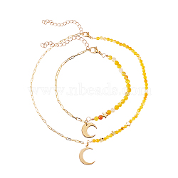Brass Charm Bracelet & Pendant Necklace Sets, with Dyed Natural Agate Beads and 304 Stainless Steel Lobster Claw Clasps, Moon, Golden, 7-7/8 inch(20cm), 15.75 inch(40cm)(SJEW-SZ0001-007G)