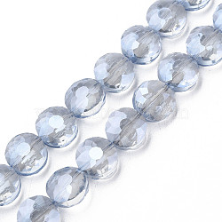 Electroplate Transparent Glass Beads Strands, Faceted, Flat Round, Cornflower Blue, 10x6mm, Hole: 0.9mm, about 70pcs/strand, 27.95 inch(71cm)(EGLA-N002-38-F04)