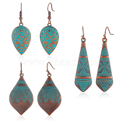 3 Pairs 3 Style Alloy Teardrop with Rhombus Dangle Earrings for Women, Red Copper & Green Patina, 46~52.5mm, Pin: 0.7mm, 1 Pair/style(EJEW-AN0002-01)