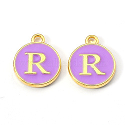 Golden Plated Alloy Enamel Charms, Enamelled Sequins, Flat Round with Letter, Medium Purple, Letter.R, 14x12x2mm, Hole: 1.5mm(ENAM-S118-10R)