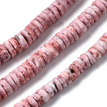 Natural Sea Shell Beads Strands, Dyed, Flat Round/Disc, Heishi Beads, Light Coral, 5~7x1.5~2.5mm, Hole: 0.9mm, about 329~348pcs/strand, 22.32 inch~22.83 inch(56.7~58cm)