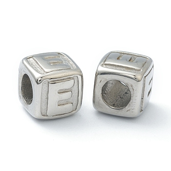 304 Stainless Steel European Beads, Large Hole Beads, Horizontal Hole, Cube with Letter, Stainless Steel Color, Letter.E, 8x8x8mm, Hole: 4mm