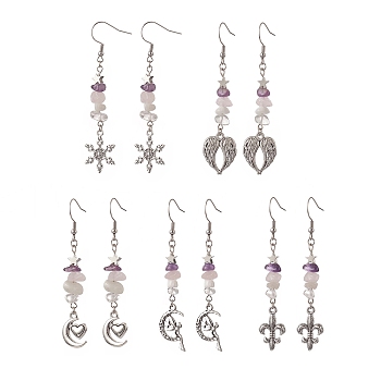 Alloy Charm with Natural Mixed Gemstone Chips Dangle Earrings, 304 Stainless Steel Long Drop Earrings for Women, Antique Silver, 70~78mm, Pin: 0.5mm