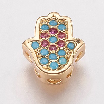Brass Cubic Zirconia Beads, Hamsa Hand/Hand of Fatima/Hand of Miriam, Colorful, Golden, 9.5x8.5x4mm, Hole: 2mm