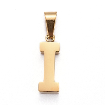 Ion Plating(IP) 304 Stainless Steel Letter Pendants, Manual Polishing, Alphabet, Golden, Letter.I, 18.5x6x4mm, Hole: 7x3mm
