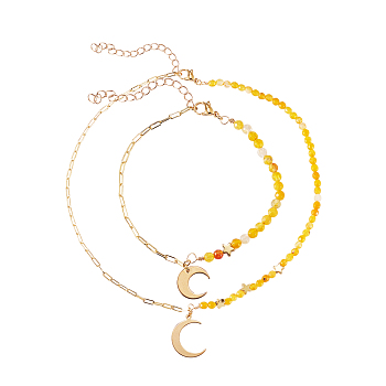 Brass Charm Bracelet & Pendant Necklace Sets, with Dyed Natural Agate Beads and 304 Stainless Steel Lobster Claw Clasps, Moon, Golden, 7-7/8 inch(20cm), 15.75 inch(40cm)